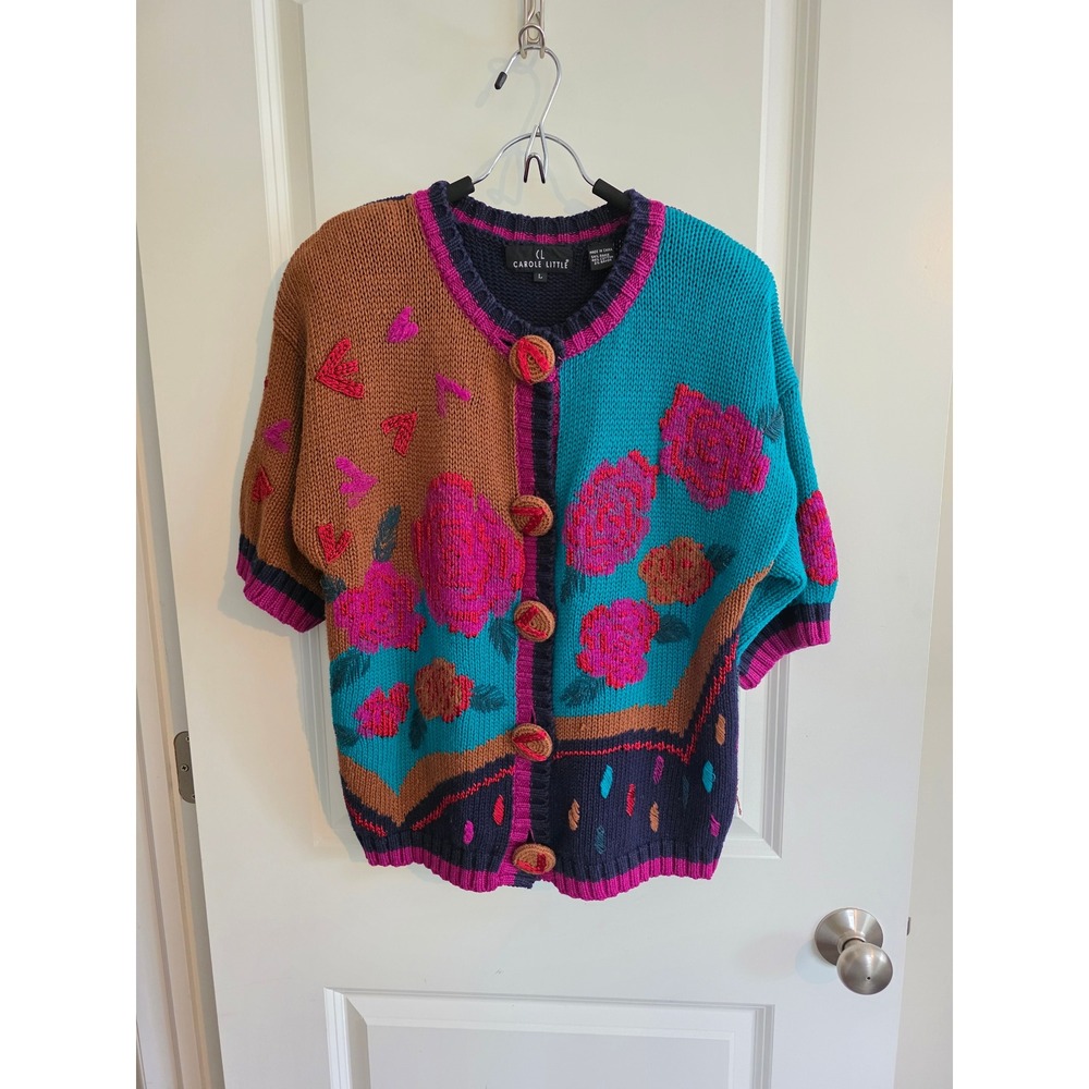Vintage 90s Carole Little Colorblock Floral Knit Cardigan Grandma Boho Sweater